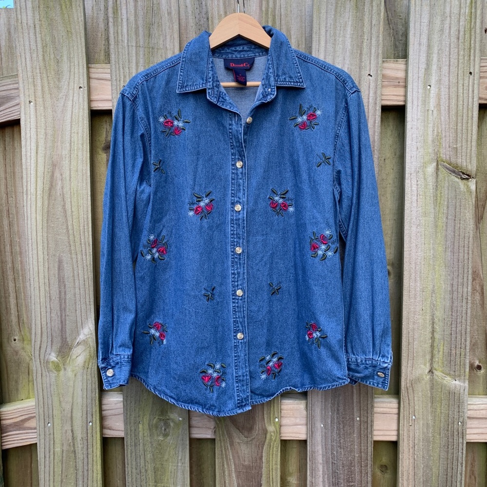 Denim Button Up Embroidered Floral Top